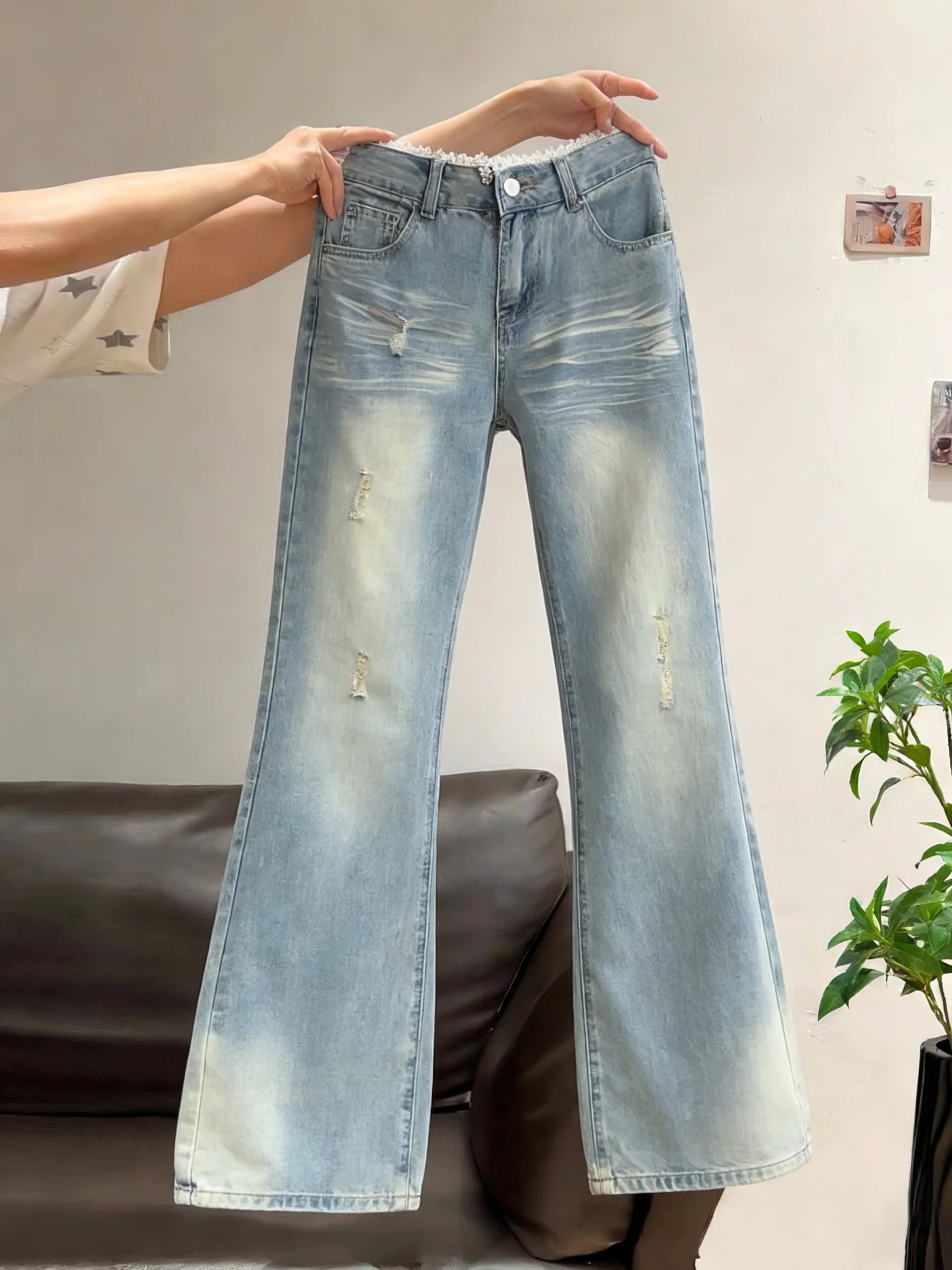 

Джинсы женские свободного кроя с микро-клешем и кружевными вставками в стиле ретро-американского дизайна, широкие штанины, модные, для повседневной носки весной и осенью