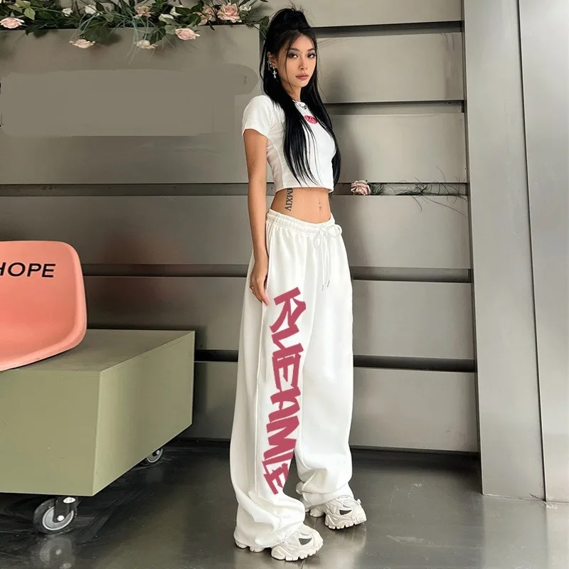 Y2K Streetwear White Sweatpants Women Korean Style Letter Print Track Pants Oversized Harajuku Kpop Hip Hop Joggers