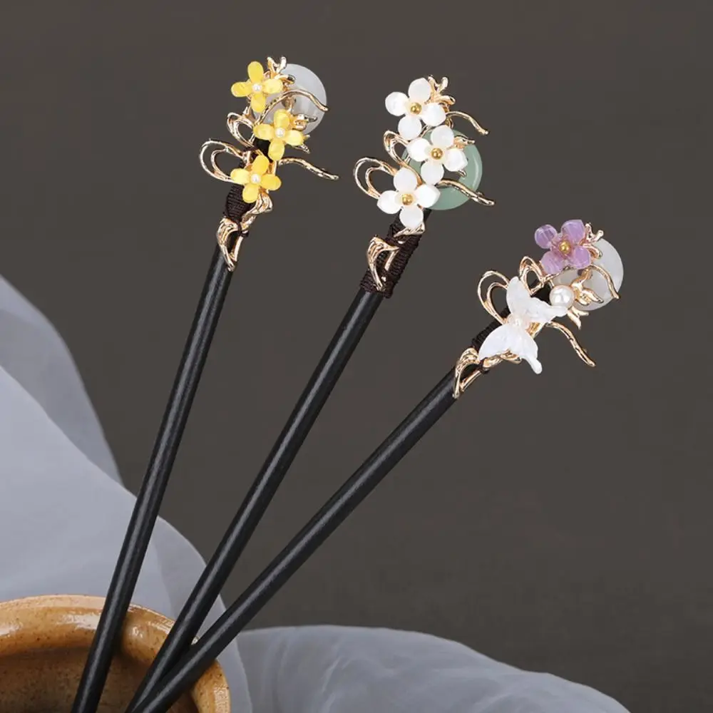 Hairstyle Design Tool Wood Flower Jade Buckle Chinese Style Headwear Hanfu Hair Sticks Ancient Style Hairpin Wooden Hairpin