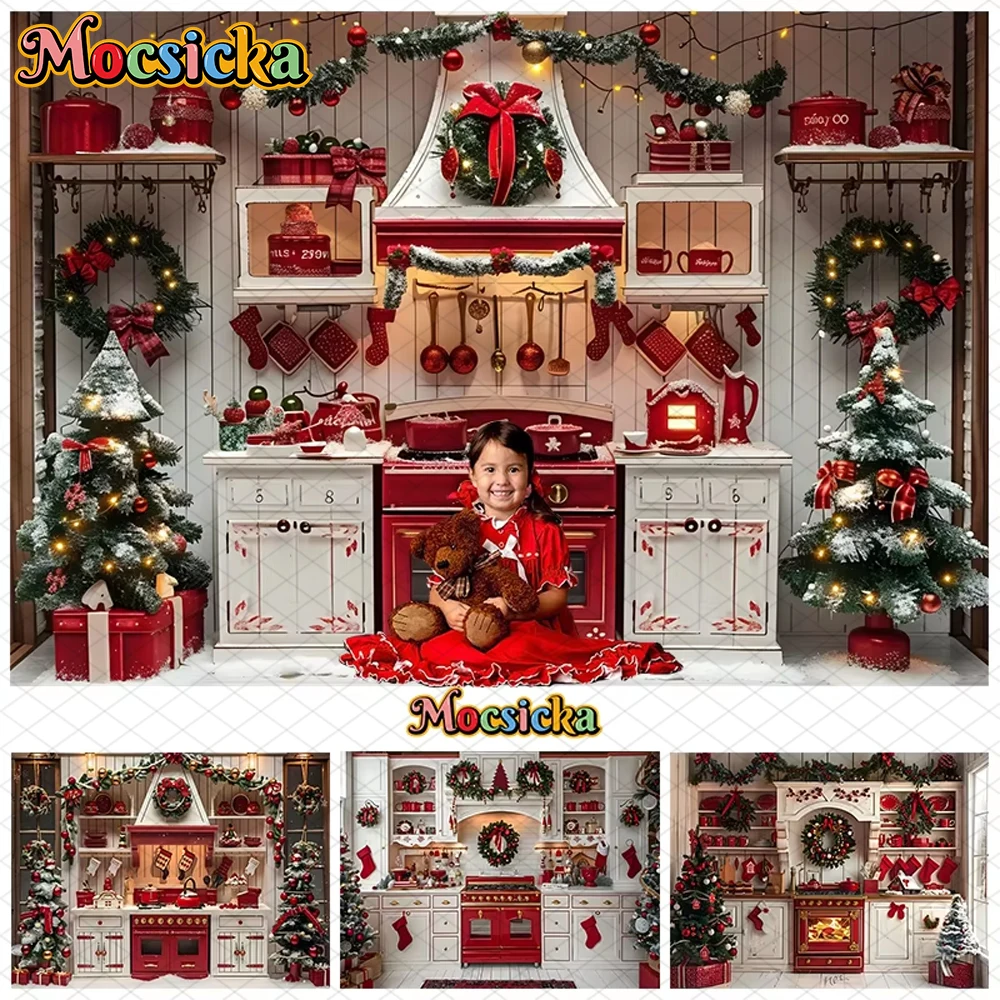 

Mocsicka Christmas Kitchen Photography Background Xmas Tree Cupboard Decors Family Holiday Party Photo Backdrop Studio Wallpaper