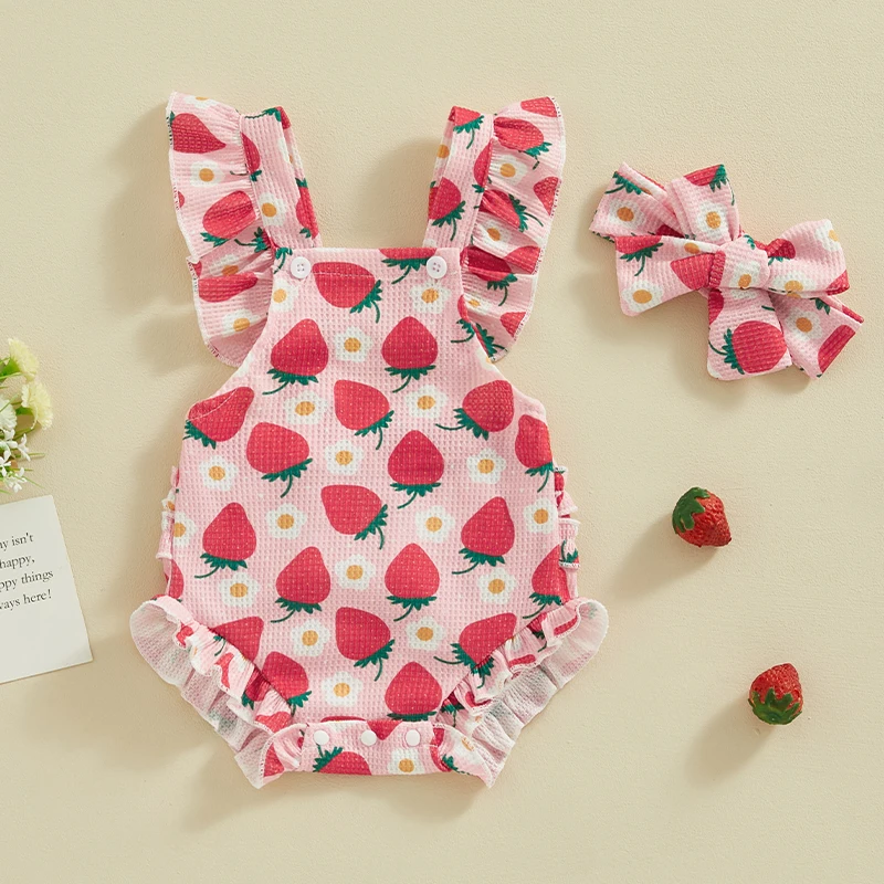 

VISgogo Baby Girls Romper Bodysuit Strawberry/Flower/Cherry Print Fly Sleeve Frills Infant Jumpsuit With Headband Summer Clothes