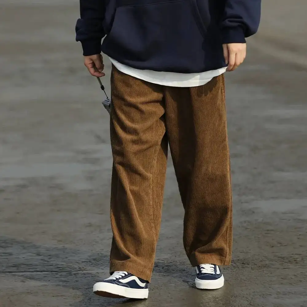 

Men Corduroy Wide Leg Straight Pants Japan Korean Streetwear Fashion Loose Casual Vintage Stripe Cargo Trousers Man Harem Pant