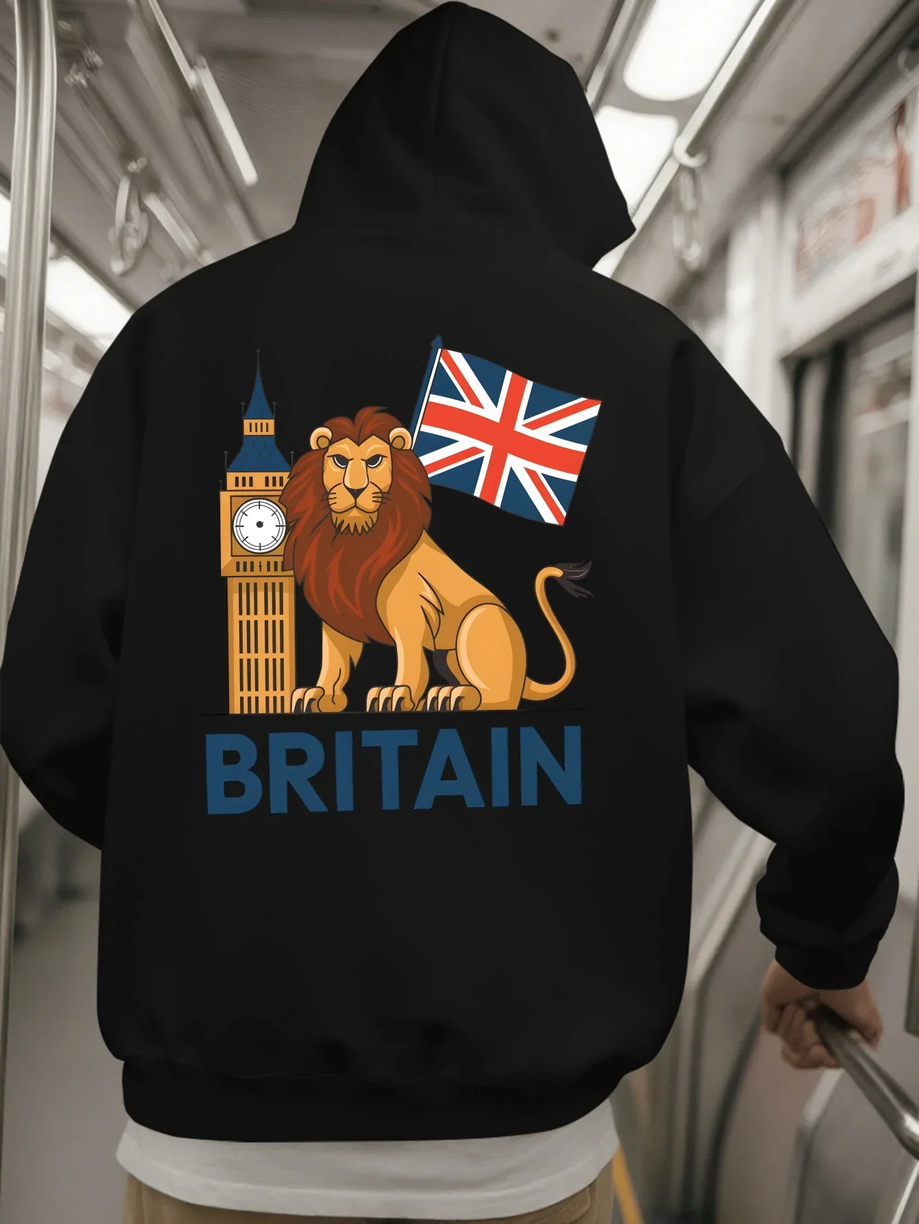 Royal Lion Big‑Ben UK Flag Mens Hooded Sweatshirt Britain Landmark Cartoon Print Casual Loose Street‑Wear Hoodie