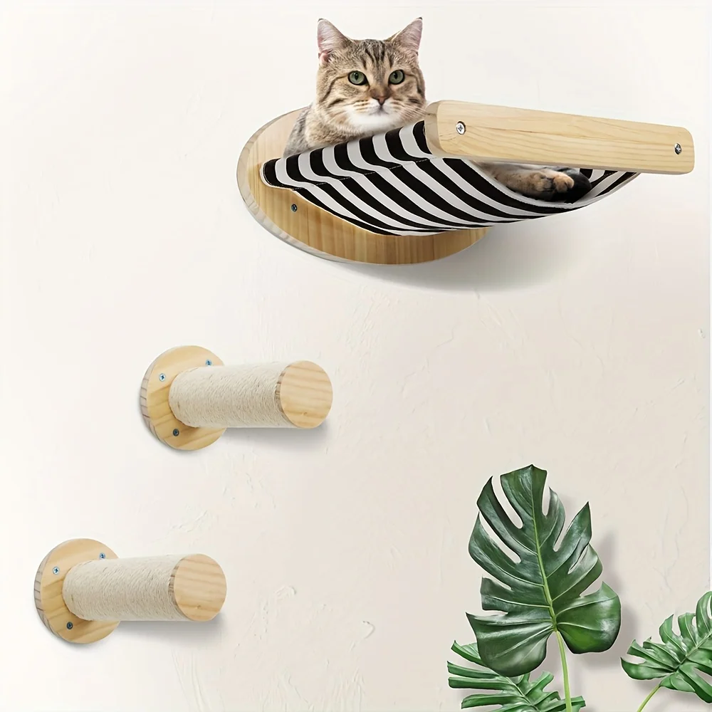 Cat Hammock and Ladders Climbing Wall Mounted Scratching Post Wooden Cat Furniture Four-layer Ladder Steps For Cat Playing