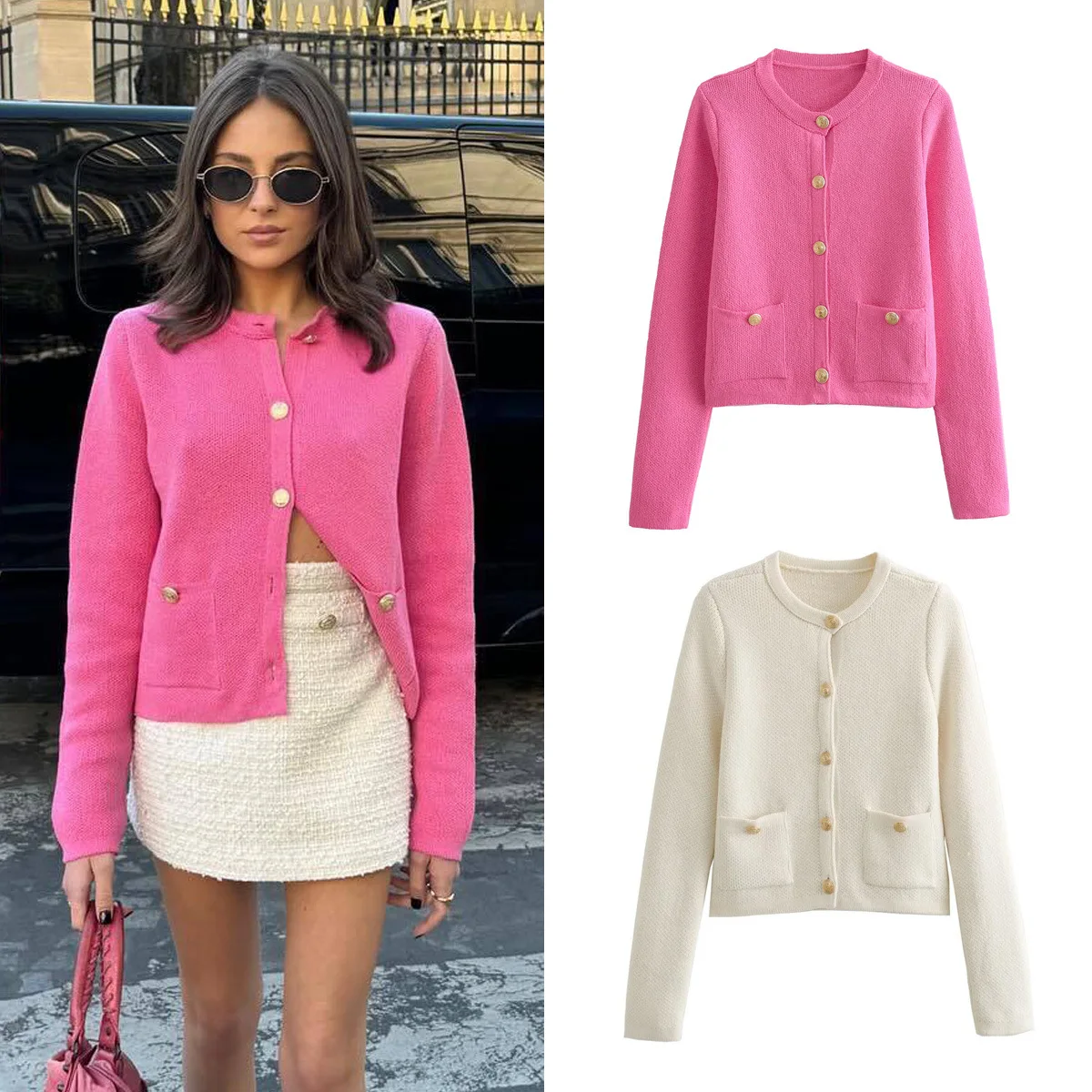 

Women's Knitted Cardigan Sweater Golden Buttons Front Patch Pockets Long Sleeve Female Outerwear Chic Tops Casual Top Lady Coat