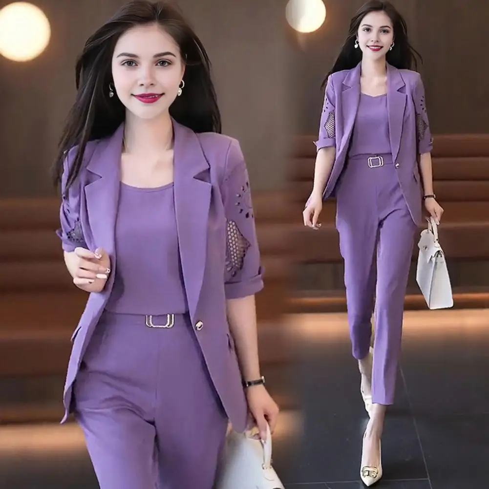 Women Formal Suit Chic Women's 3-piece Formal Suit Vest High Waist Pants Half Sleeve Lapel Coat Elegant Ol Commute Office Wear