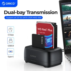 Estação de disco rígido ORICO Dual-bay USB3.0 5Gbps Type-C HDD Docking Station com adaptador de alimentação 12V 3A para HDD/SSD de 2,5/3,5 polegadas