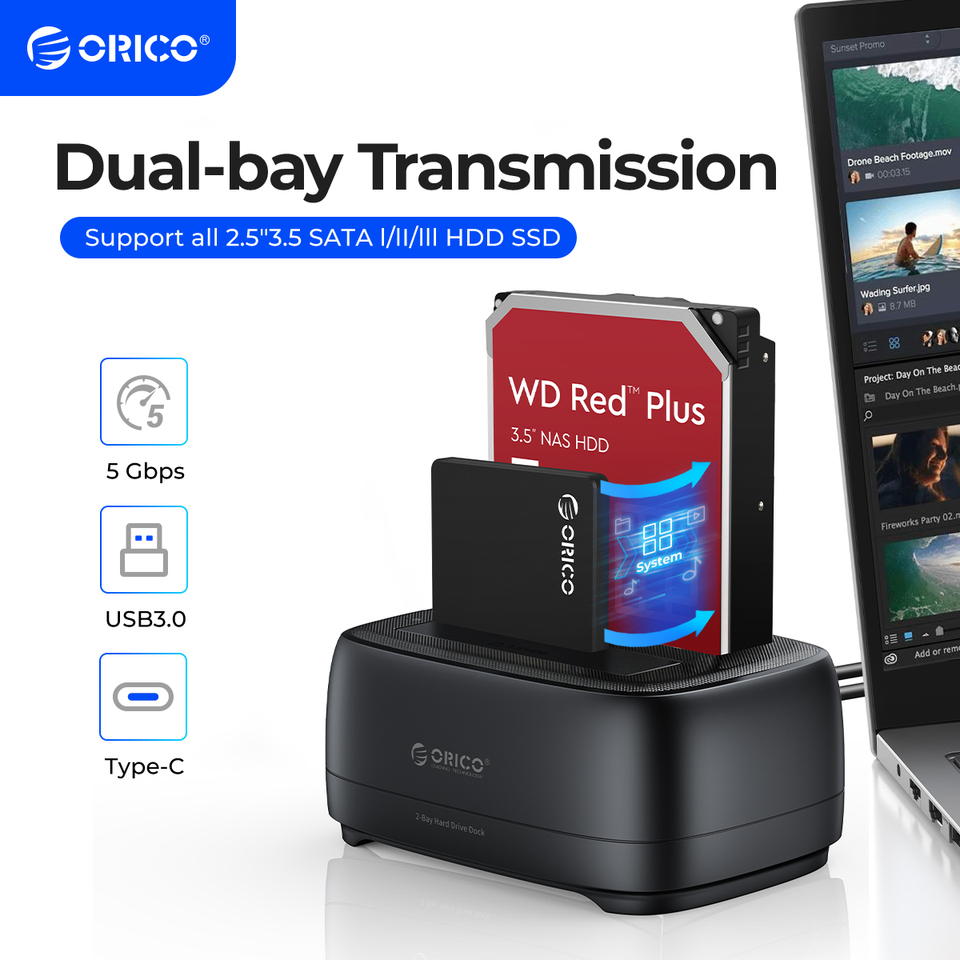 ORICO Dual-bay Hard Drive Station USB3.0 5Gbps Type-C HDD Docking Station with 12V 3A Power Adapter for 2.5/3.5 Inch HDD/SSD