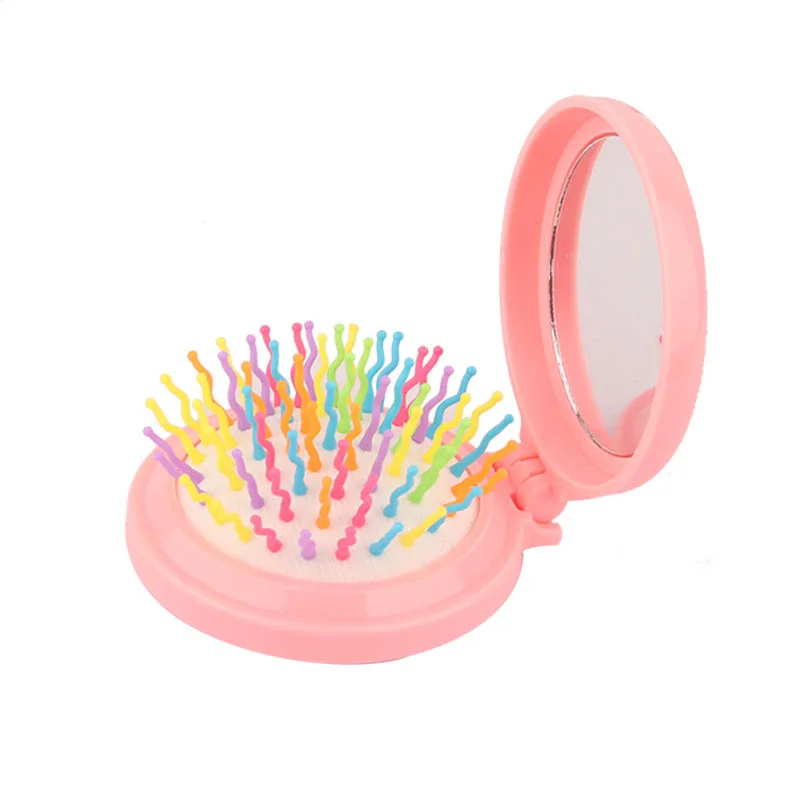 Mini Portable Folding Pocket Mirror Hair Comb Round Hair Brush Women Massage Comb