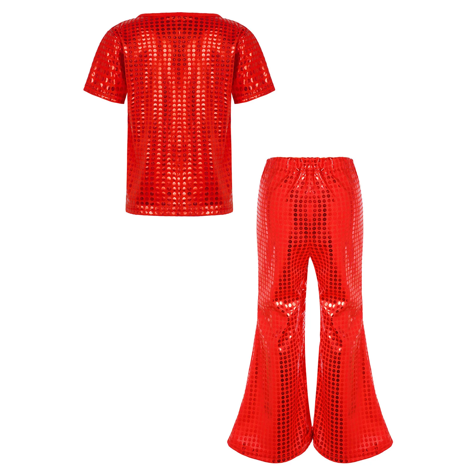 Kids Boys Girls Jazz Hip Hop Street Dance Costume Sparkly Sequins Flared Pants with Loose T-shirt Top Set for Stage Performance