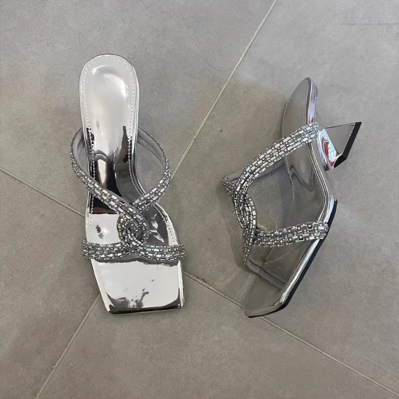 Women's Fashion Slippers Strange Style Square Toe Rhinestones Women Shoes Leisure Dress Summer Korean Style Zapatillas De Mujer