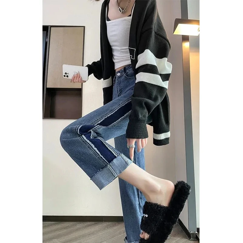 Y2K Spring Color Blocking Straight Pants Women's Jeans 2024 Hundred High Wais Pant Korean Nine Points Straight Jeans