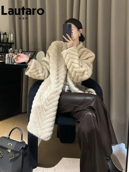 Lautaro Primavera Inverno Lusso a spina di pesce Morbido Spessore Caldo Cappotto di pelliccia di visone finto Donna Scollo a V Elegante Chic Elegante Giacca soffice 2025