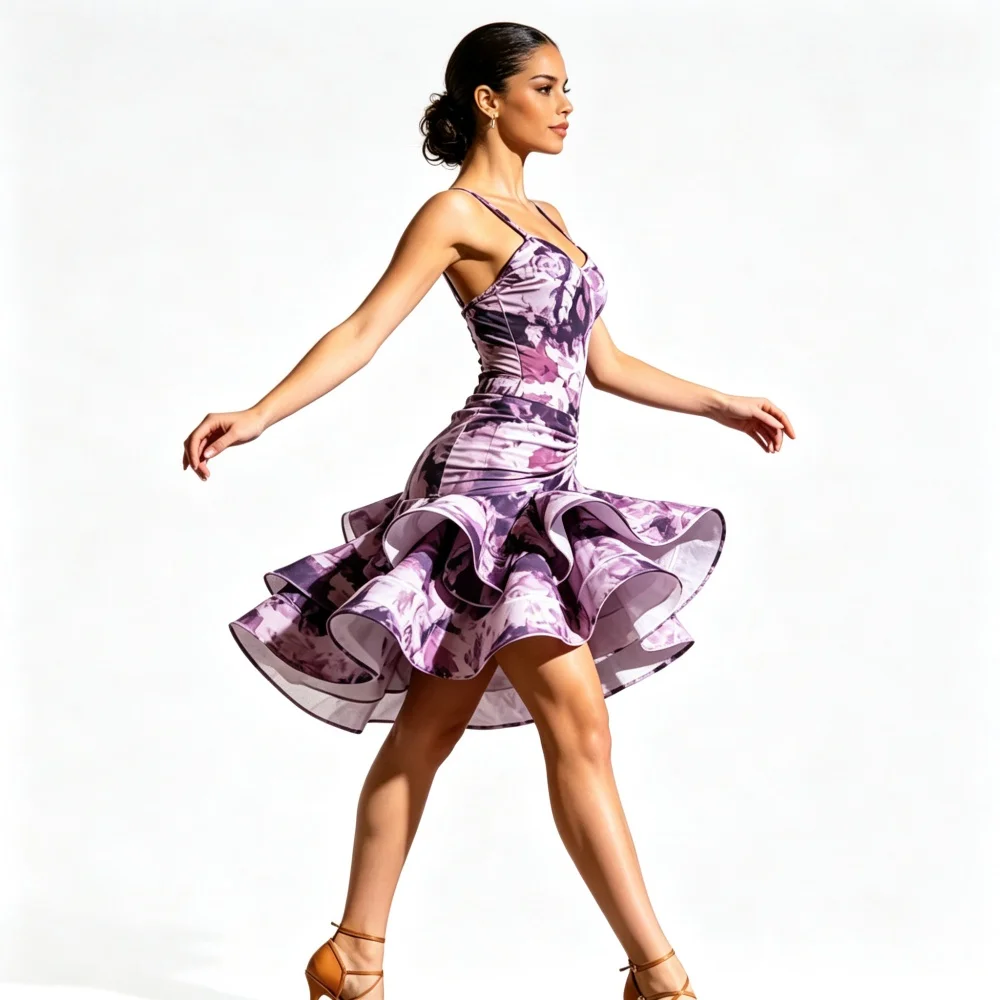 2026 New Women Spaghetti Strap Ballroom Latin Dress Ruched Waist Layered Ruffle Skirt Dance Outfit For Salsa Cha Cha Performance