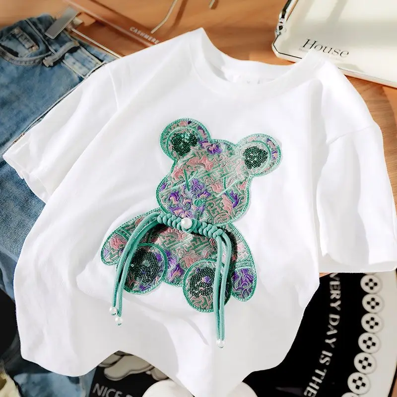 Buckle Green Bear Beading T-shirt Heavy Handmade Diomand Shiny Bowknot Embroidery T Shirt Summer Tees Top Accessories Clothes