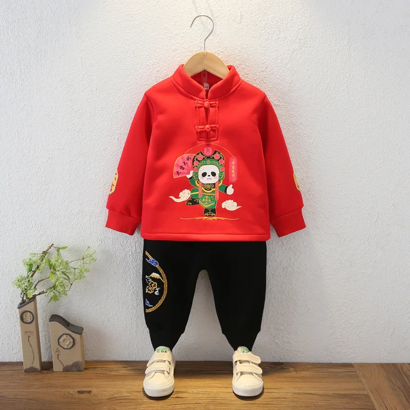 

Chinese Style Children Tang Suit Plus Velvet Red Clothes Black Pants Suit New Year Celebration Baby Boys Traditional Costume