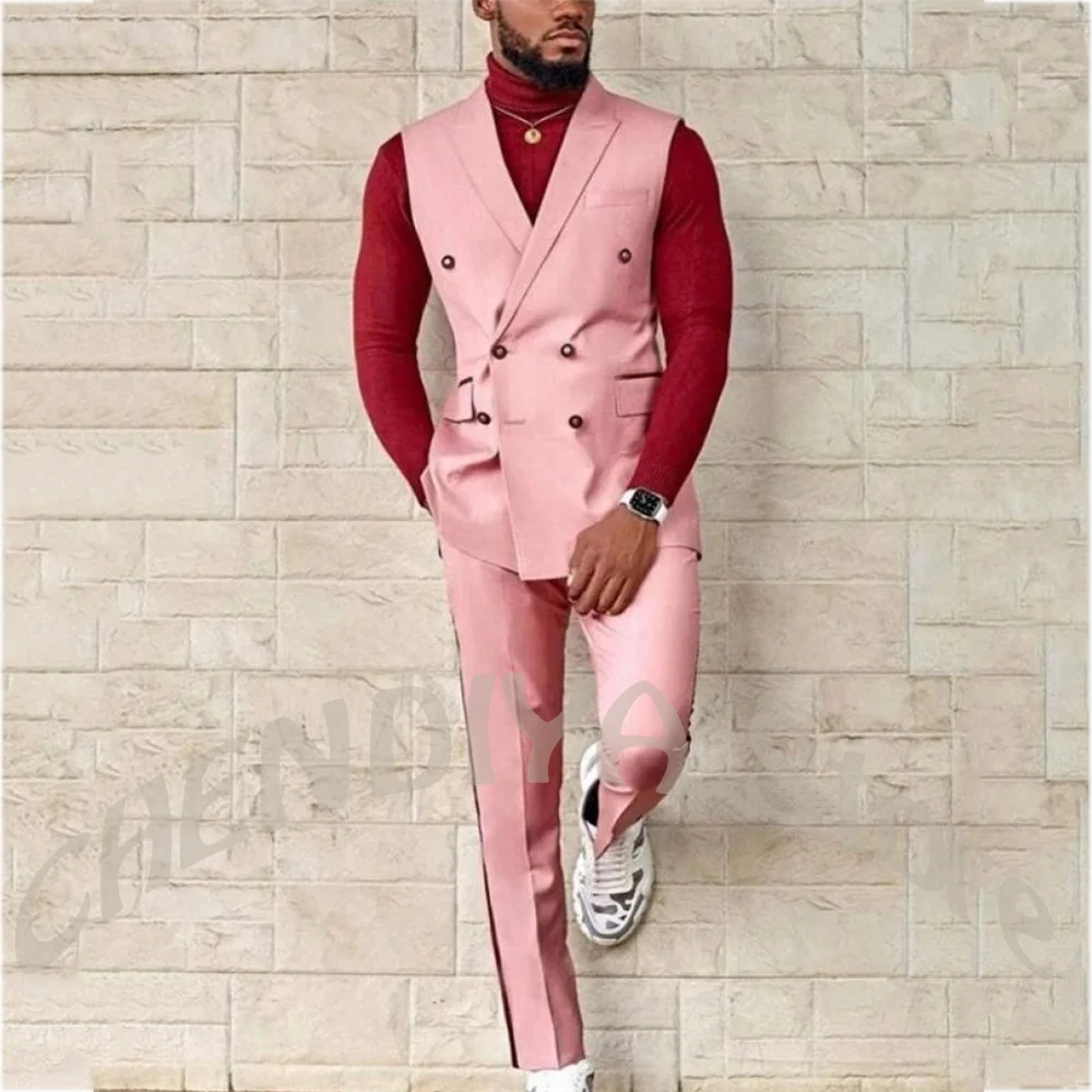 Men Pink Double Breasted Vest Suit 2 Piece Slim Fit Side Stripe Pants Wedding Groom Casual Party Prom Costume Homme Streetwear