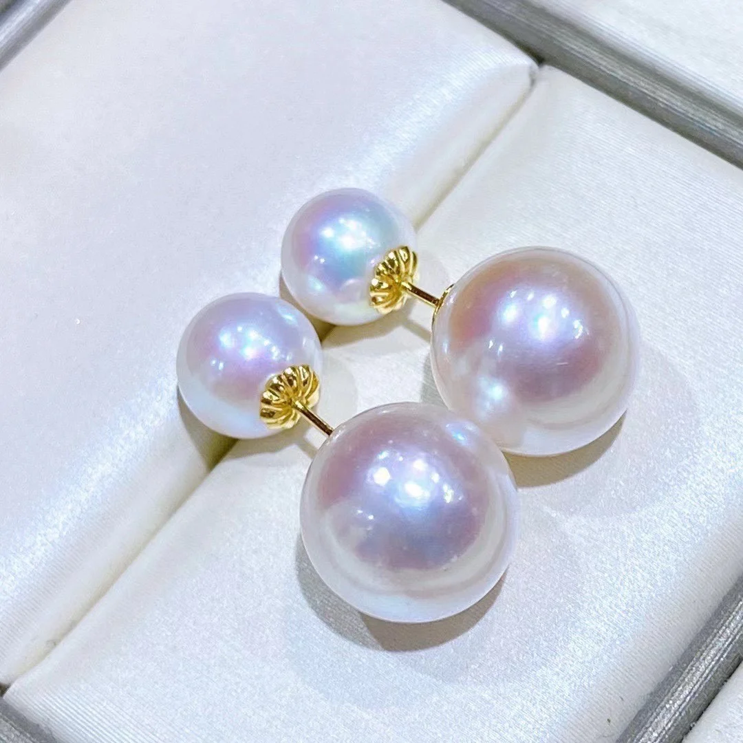 

18K Gold Natural Freshwater Double Pearl Earrings, 8-7mm & 12-11mm Near Round Almost Flawless Strong Luster, Elegant Jewelry