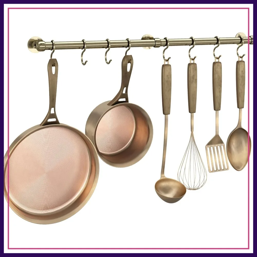 

23.7 Inch Hanging Pot Rack, Wall Mounted Heavy Duty Pot Hanger with 8 S Hooks, Antique Brass