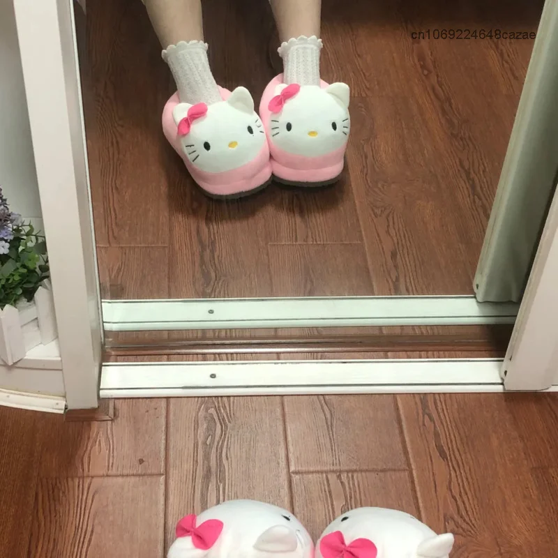 Sanrio Hello Kitty Big Head Home Cotton Shoes Women Cartoon Plush Kawaii Flat Shoes Y2k Pink Fuzzy Slippers Luxury Design Shoes