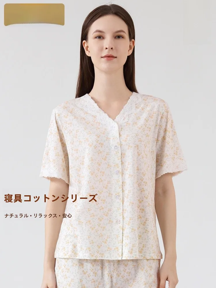 レーストリム半袖-v-ネックオープンフロント軽量コットンナイトガウン女性のための夏のホーム服パジャマルーズフィット