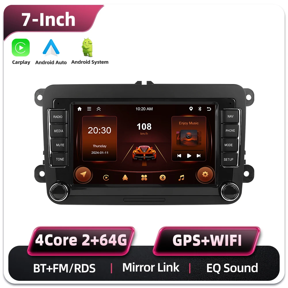 Podofo 7 Zoll 2 Din Autoradio Multimedia-Player 6+128G für Seat Altea/Toledo/Leon VW Golf/Passta/Jatta/Bora/Scirocco Skoda Fabia/Yeti/Roomster/Praktic Auto-Audiosystem Kabelloses Carplay Android Auto