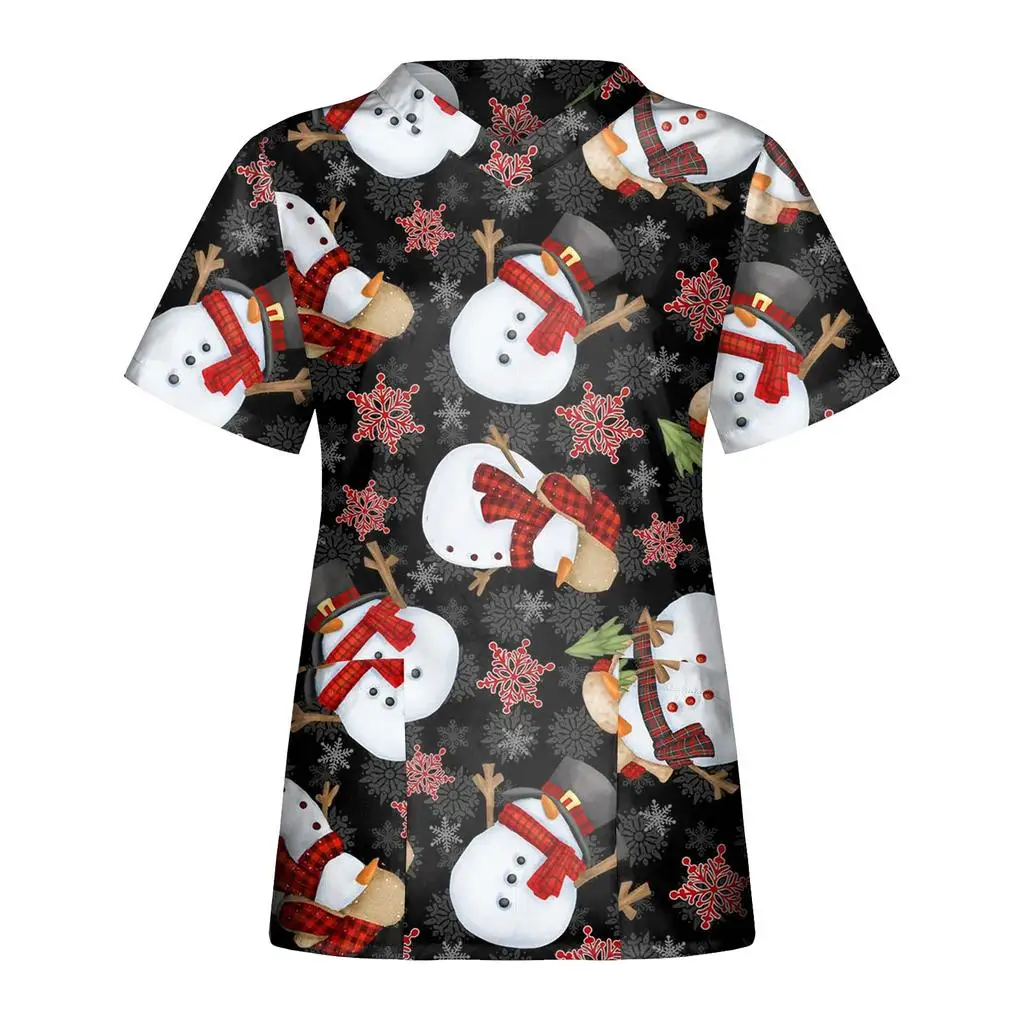 Women's work uniforms Christmas snowman print cartoon V-neck tops ladies shirts nurse work clothes medical uniforms