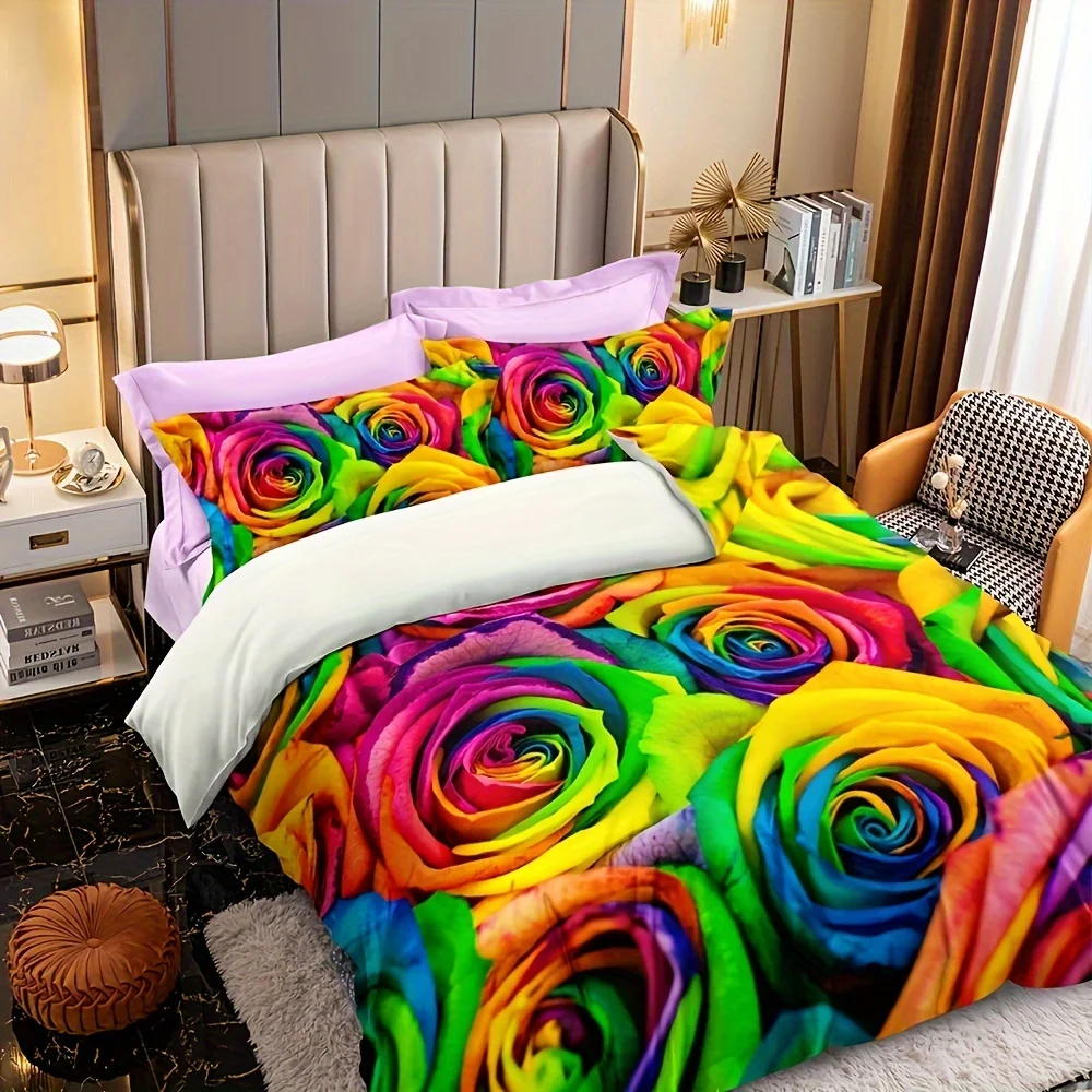 Rainbow Rose Floral Bedding Set Tie Dye Flower Bedroom Decor Duvet Cover Set No Filler (1pc* Duvet Cover+2pcs*Pillowcases)