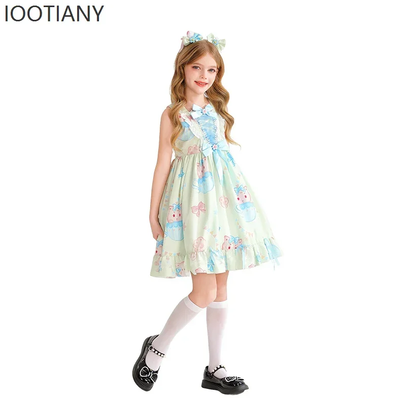 CosplayChildren's Sweet And Cute Girl Lolita Square Neck Bow Pink Rabbit Print Sleeveless Lace Girl Princess Dress Cosplay Costu