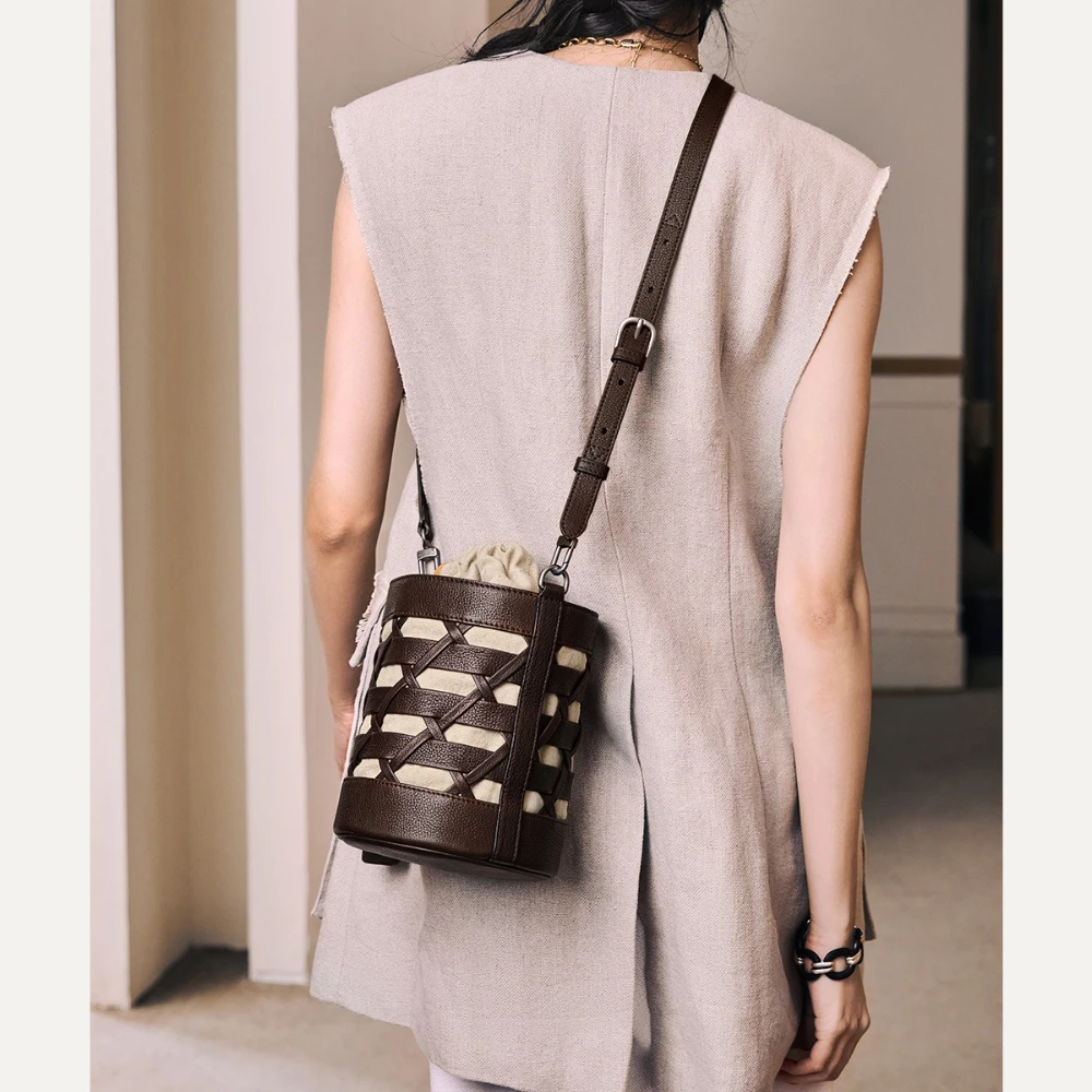 QIUZHEN Vegetable-Tanned Cowhide Woven Bucket Bag Crossbody Shoulder Genuine Leather Large Capacity Commuter Bag 2025 New Summer