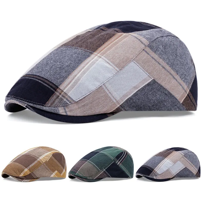 Checked Beret Hat for Women British Retro Casual Flat Cap Men Outdoor Sun Protection Hat