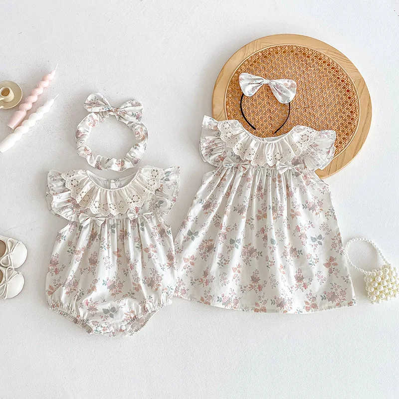 

Summer 2026 collection: 100% cotton baby clothes for girls – short-sleeved triangular rompers and floral print dresses