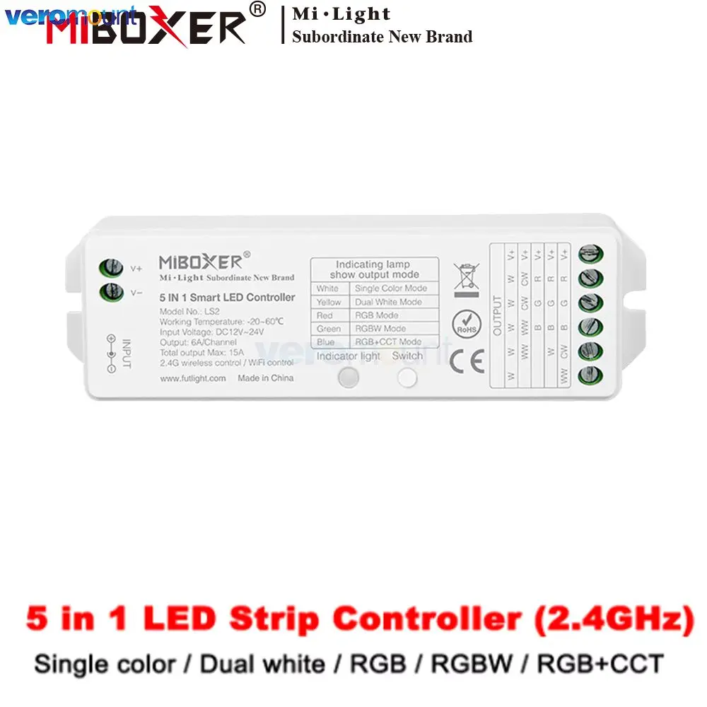 

MiBoxer LS2 DC12V-48V 2.4GHz RF 5in1 Smart LED Brightness adjustable Controller for Single Color/ CCT/RGB/RGBW/RGB+CCT LED Strip