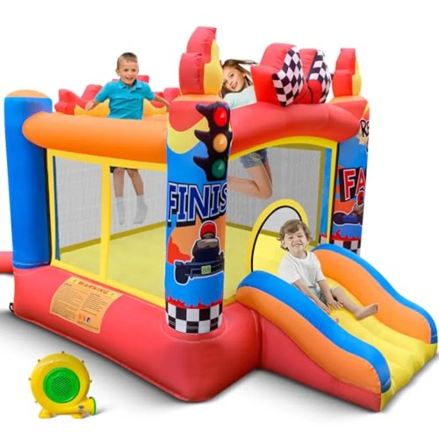 

Надувной батут-замок 2-в-1 с горкой для детей 3-6 лет, для игр в помещении и на улице, сине-розовый, с вентилятором 370 Вт