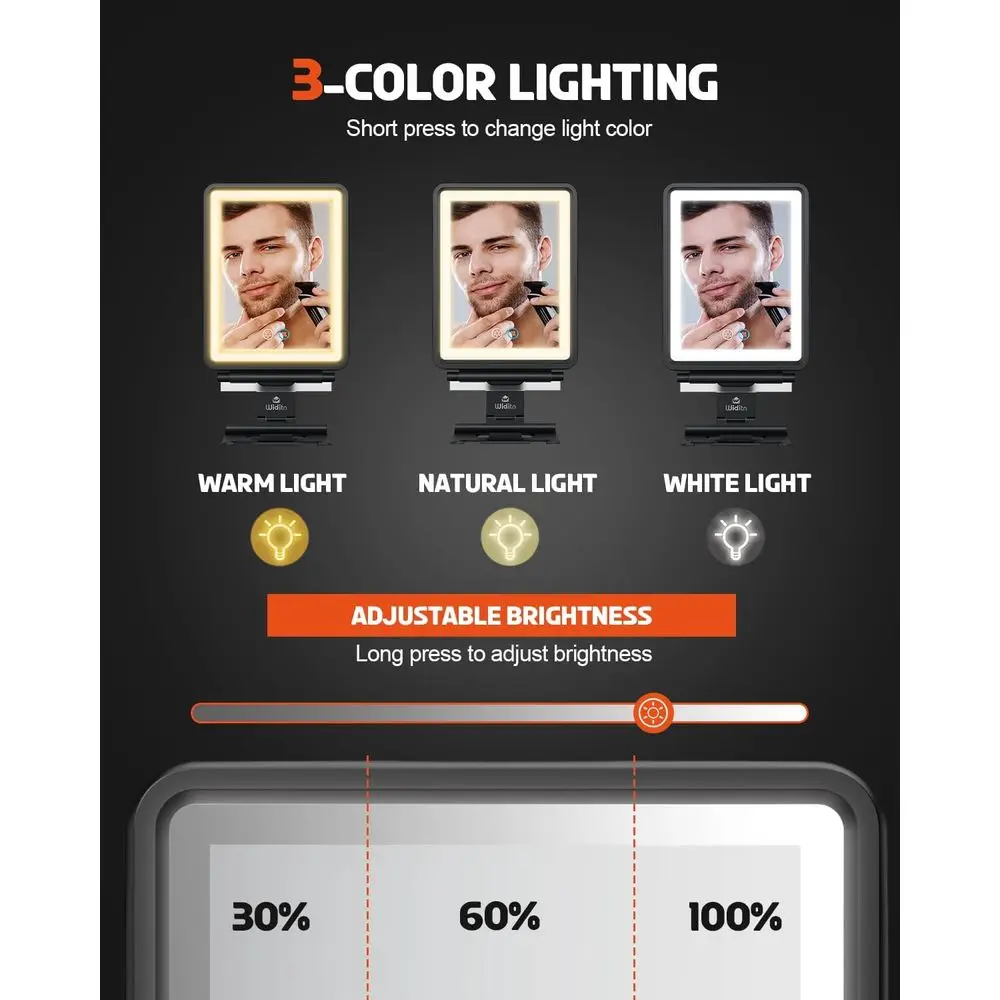 曇り止めシャワーミラー、3色調光ライト付き、充電式、カミソリホルダー＆収納トレイ付き