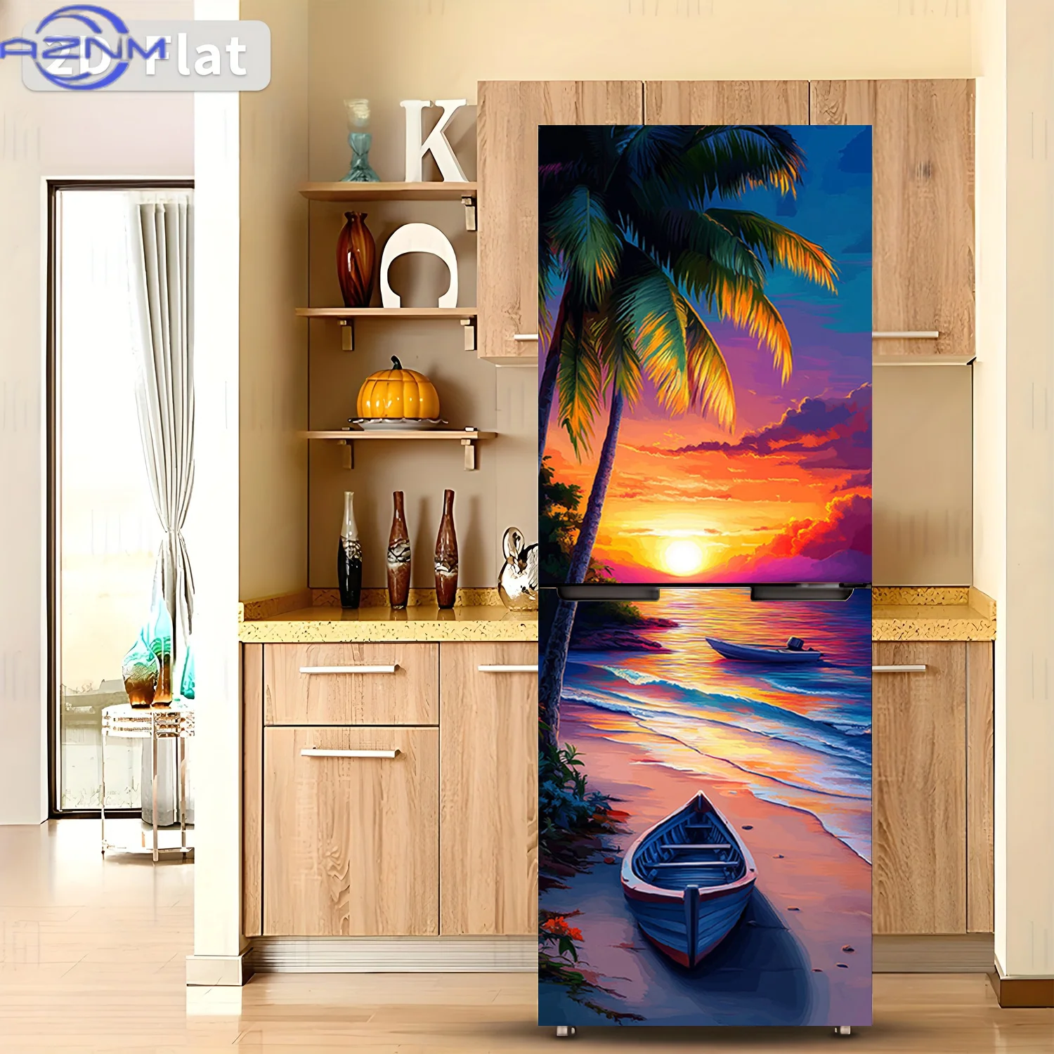 2D Flat Printing 1pc Refrigerator Sticker  Beach Sunset Scenery Theme Design Wall Sticker Decorative Wallpaper Self-Adhesive S