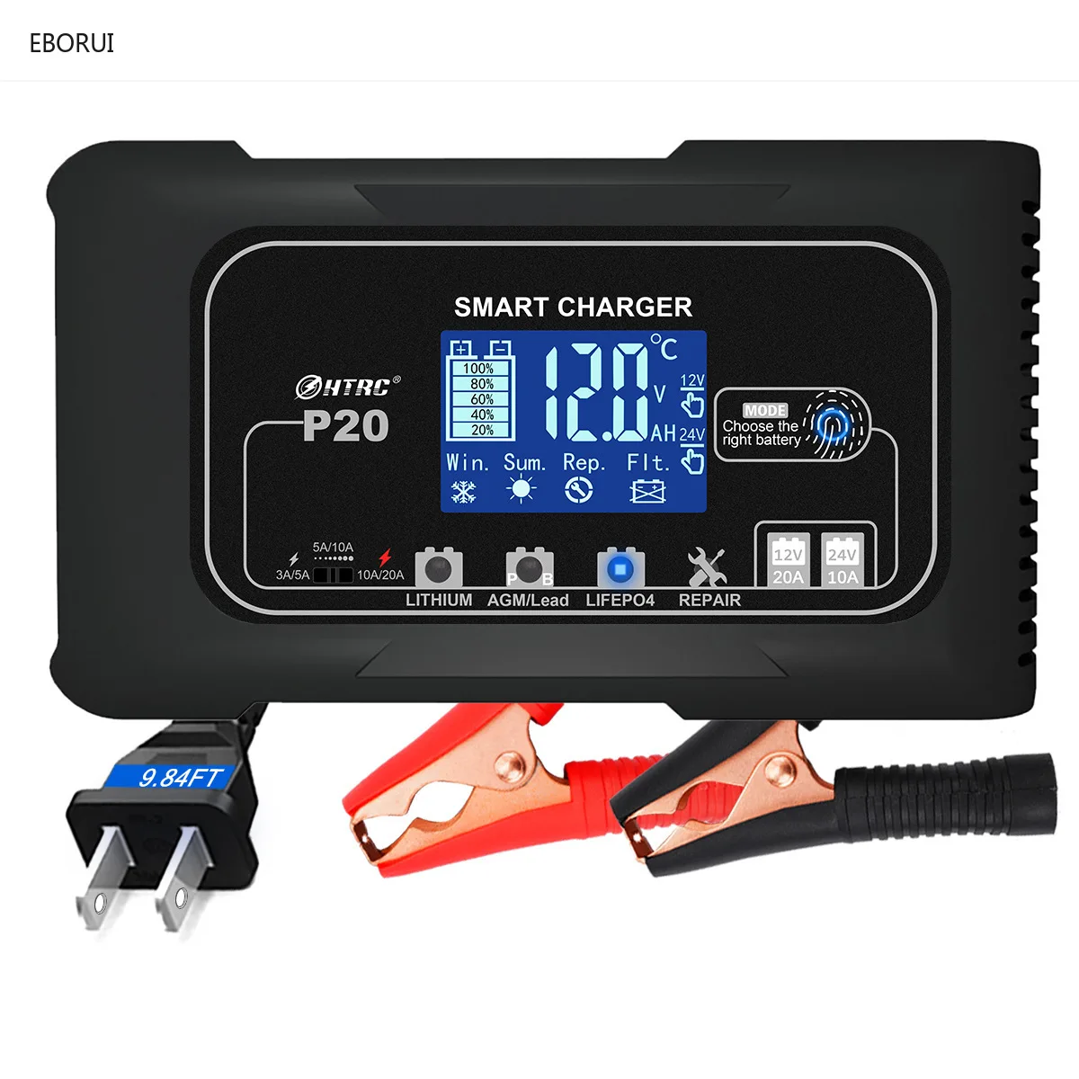 EBORUI P20 20A 12V-24V Smart Battery Charger for Car Motorcycle Lead Acid AGM Lithium LiFePo4 Battery Repair Charging Auto Moto