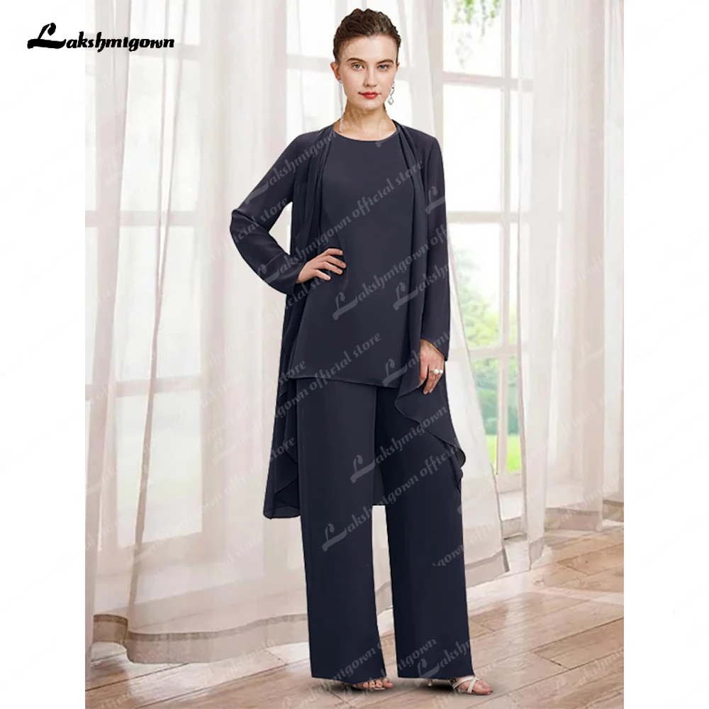 

2023 Black Two Piece Pantsuit Mother of the Bride Dress Elegant Jewel Neck Floor Length Chiffon Long Sleeve with Ruching