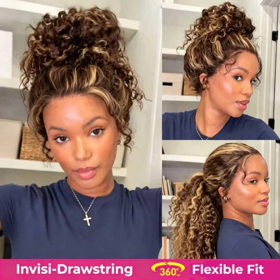 200 Density P427 Highlight Deep Wave 360 Full Wig Human Hair Honey Blonde Curly Deep Wave Lace Front Wigs Human Hair Drawstring Pre Plucked HD Wigs