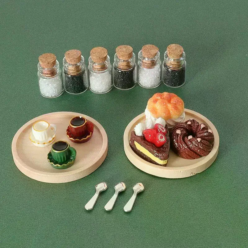 

6 шт. миниатюрный деревянный поднос, кофейная чашка, сахар, кофе, стеклянная бутылка, десертный торт, игрушка, кукольный домик, реалистичное украшение для моделирования еды