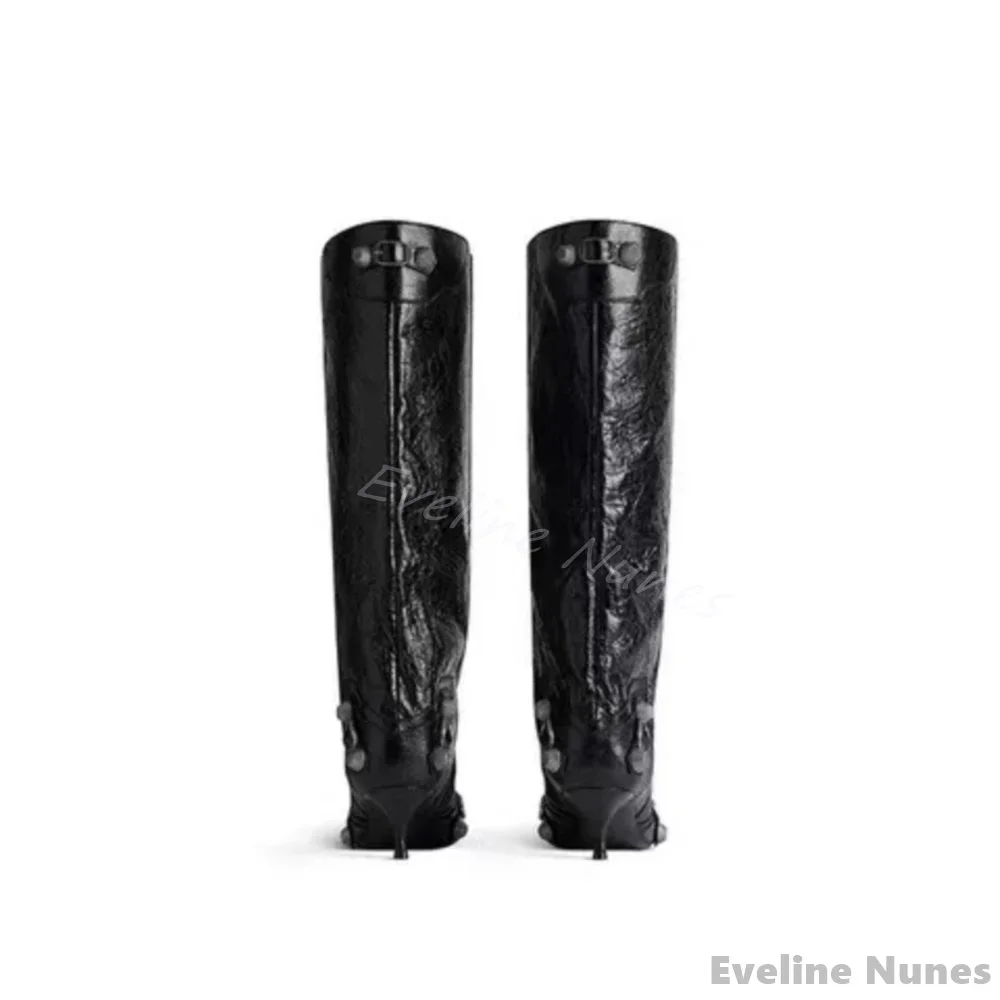 Metal Rivet Kitten Heel Knee High Boots Women Pointed Toe Large Tube Circumference Slip On Black Leather Boots 2025 Cool Boots