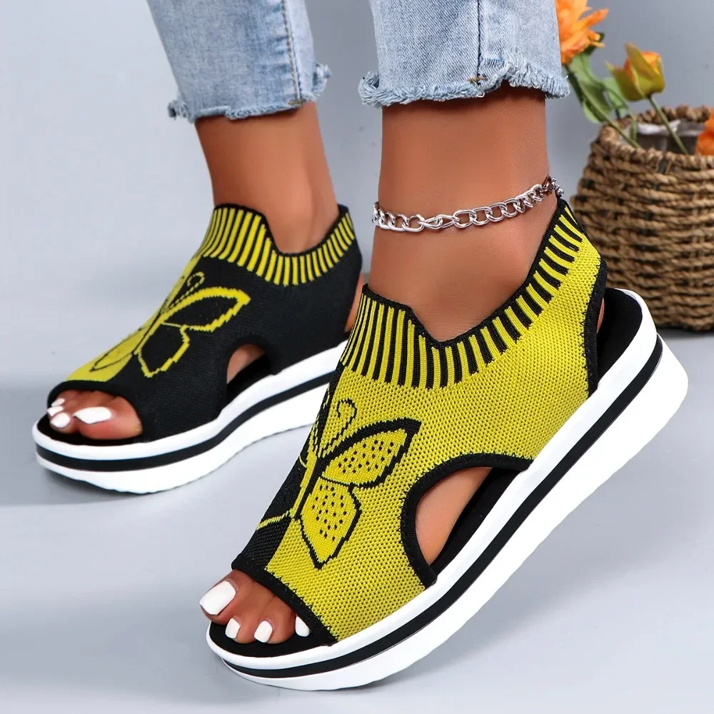 Women Knit Platform Wedge Sandals Butterfly Print Open Toe Hollow Out Slip on Thick Sole Summer Casual Ladies Walking Sandals - view 3