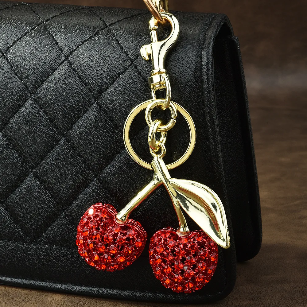 New Sparkling Luxury Diamonds Delicious Cherry Keychain Fruits Cherries Pendant For Women Men Jewelry Bag Accessories Gift 2025