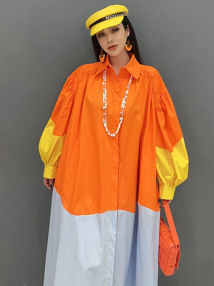 SHENGPALAE Contrast Color Shirt Dress For Women Lapel Lantern Sleeve Casual Loose Mid Calf Vestido Spring 2024 New Trendy 5R9223