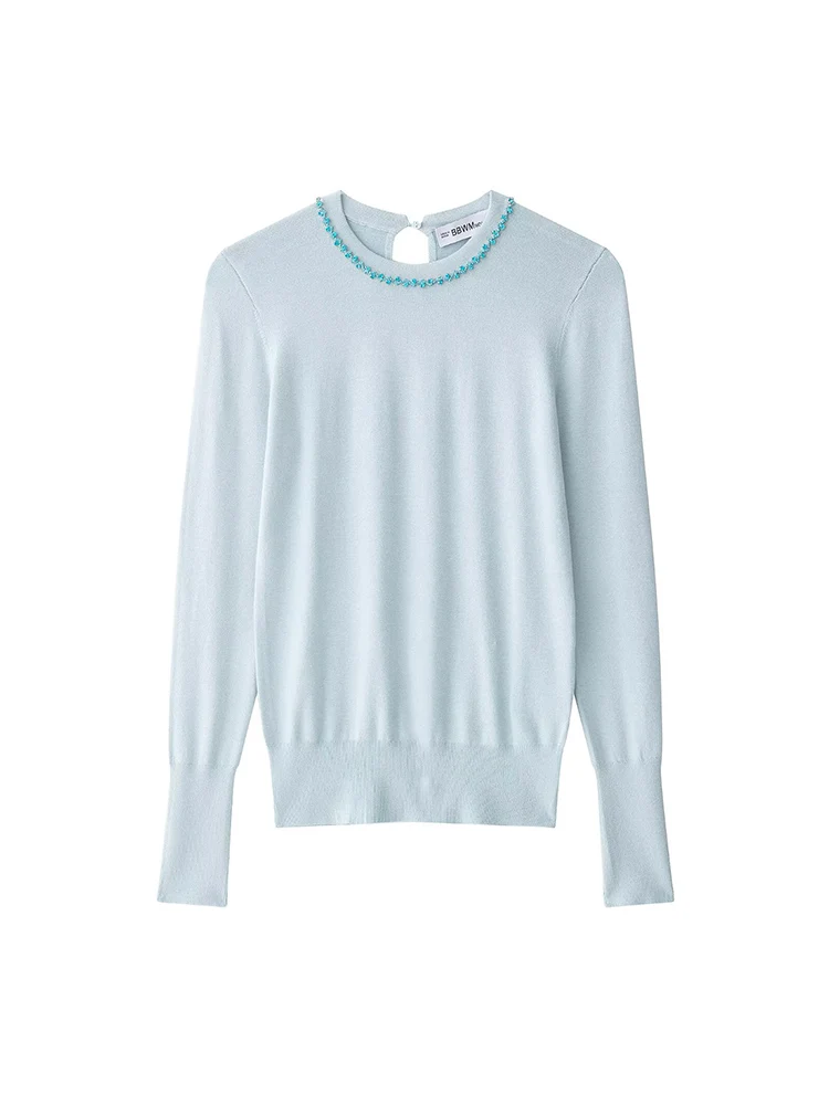 유럽 스타일 신상 여성 패션 다용도 기품 있는 단색 라운드넥 긴팔 쥬얼리 스웨터