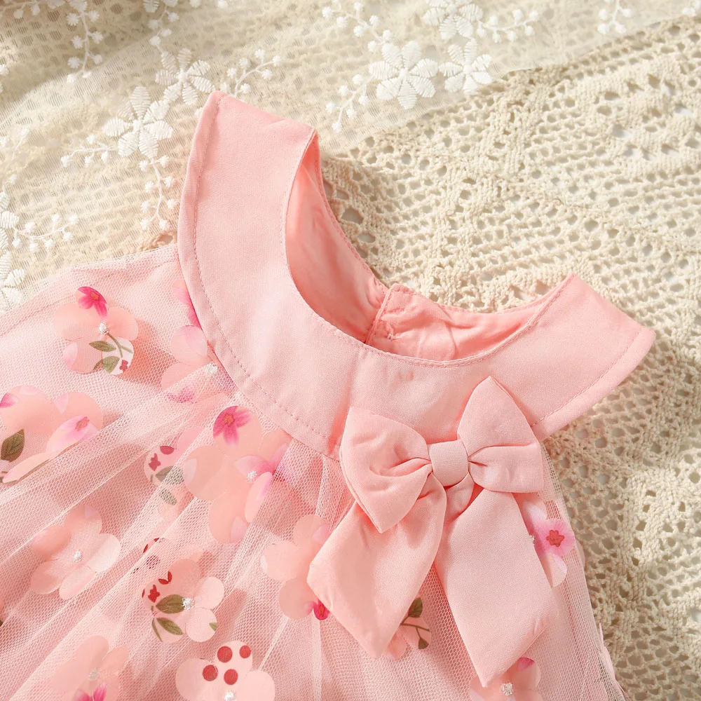 (0-3 anni) Summer Mesh All Over Flower Bow Baby Girl Dress Cute senza maniche Girl Princess Dress