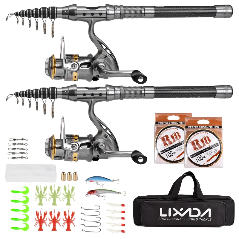 Fishing Pole Combo Set 2PCS Rod and Reel Telescopic Fishing Rod Carbon Fiber Spinning Reels Fishing Accessories 1.5/1.8/2.1/2.4m