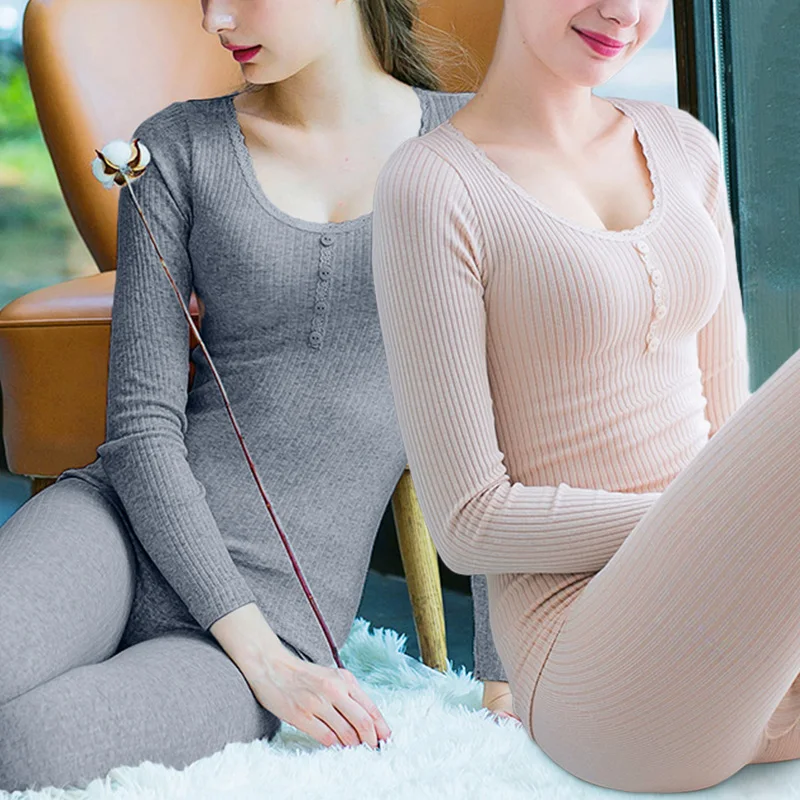 1Set Long Sleeve Seamless Soft Antibacterial Warm Winter Thermal Underwear Bottoming Top Long Johns Sleepwear Set Clothing Suit