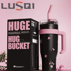 LUSQI 1200ml Water Bottle Stainless Steel With Handle&Straw Thermos Bottle For Coffee Tea