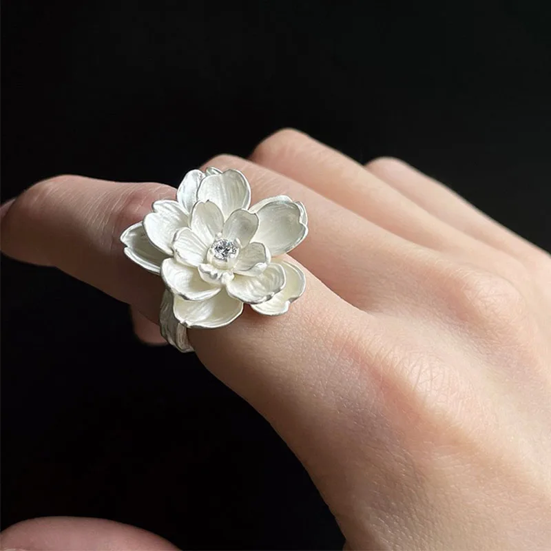 

925 Sterling Silver Rings For Women Geometric Fine Jewelry Finger Adjustable Simple Flower Zircon Ring For Party Birthday Gift